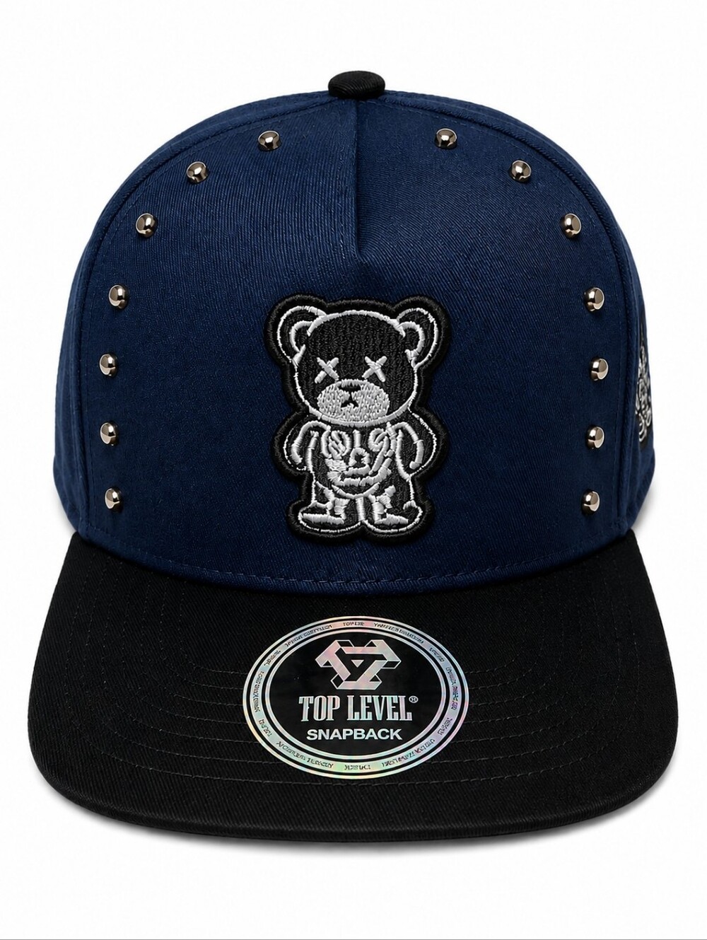 Top Level Studded Bear Patch Snapback Hat | Navy/Black Adjustable Cap
